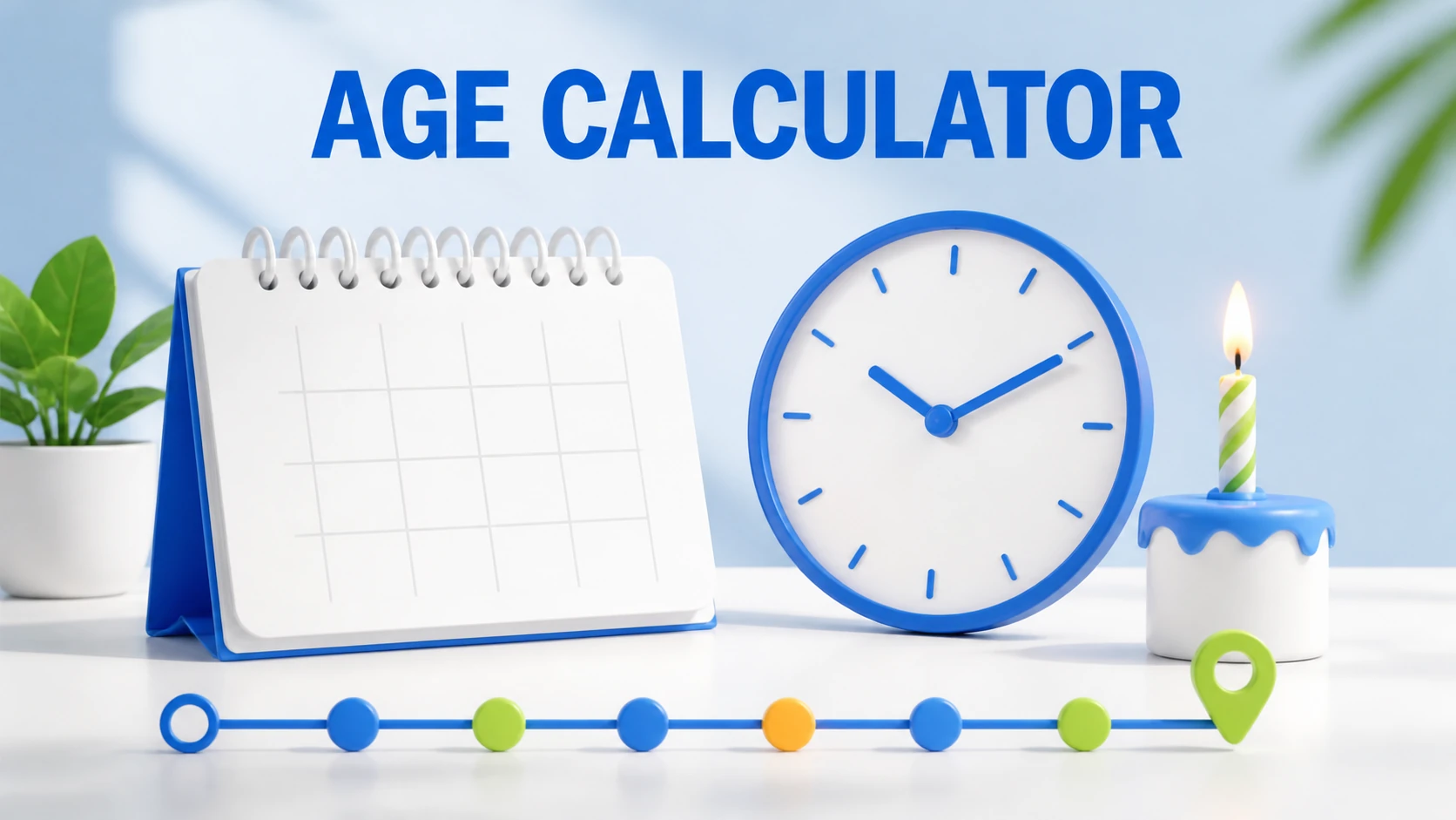 Light-theme Age Calculator illustration with a calendar, clock, birthday candle, and timeline