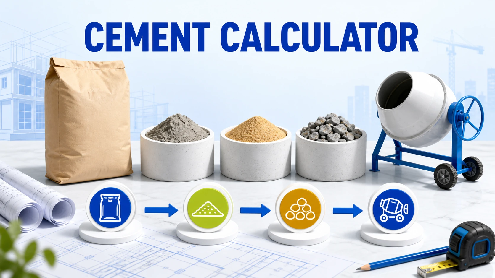 Cement Calculator article illustration Light-theme Cement Calculator illustration with cement, sand, aggregate, and a mixer
