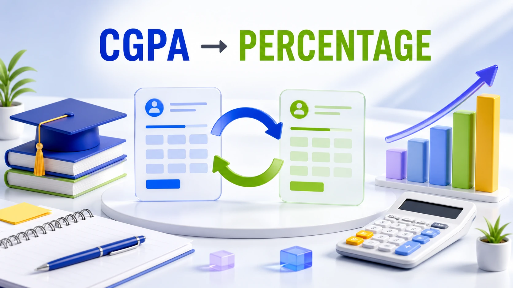 CGPA to Percentage article illustration Light-theme CGPA to Percentage illustration with academic score cards and conversion arrows