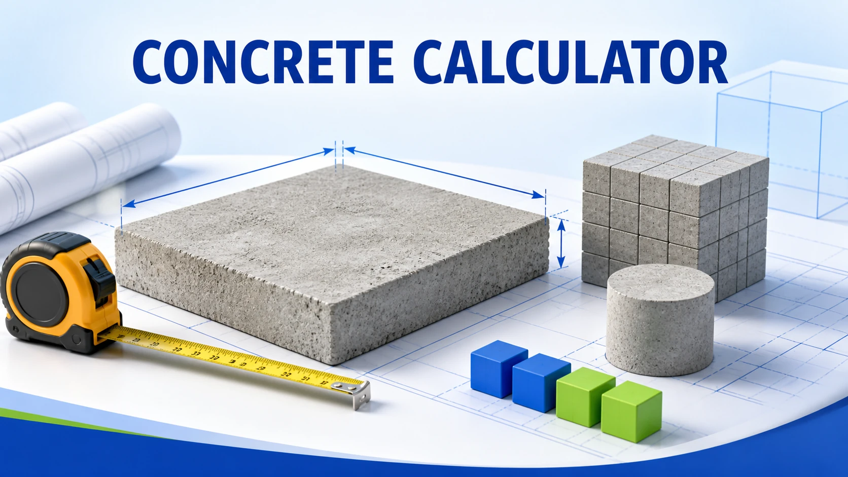 Concrete Calculator article illustration Light-theme Concrete Calculator illustration with concrete forms, measurement arrows, and a tape measure