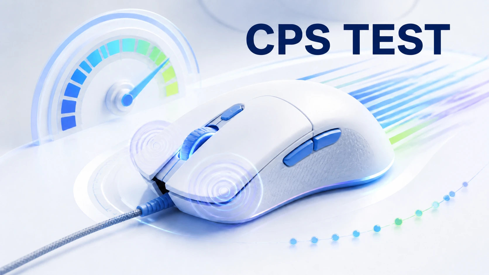 CPS Test click speed article illustration Light-theme CPS Test illustration with a gaming mouse, click pulses, and a speed gauge