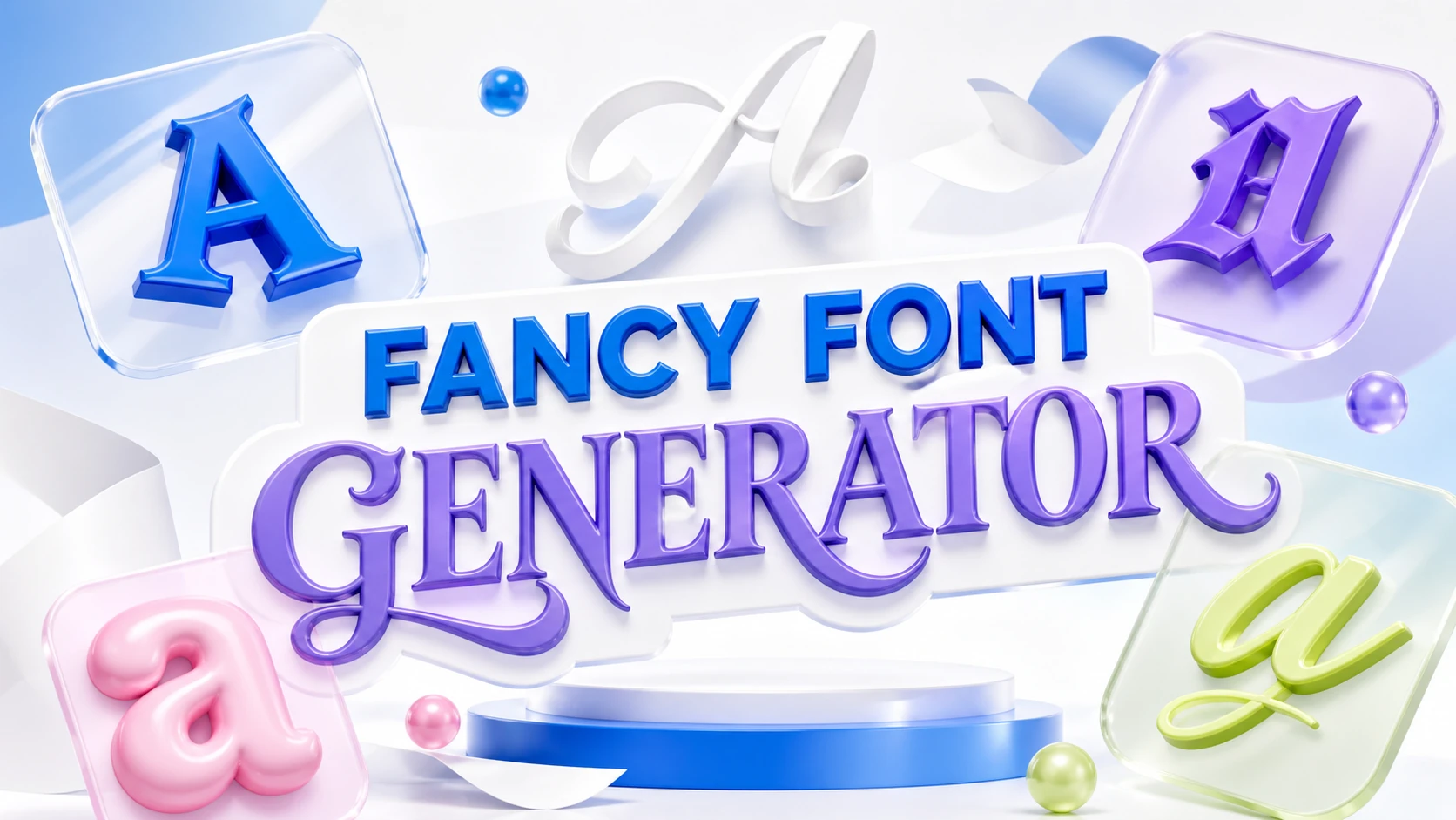 Fancy Font Generator article illustration Light-theme Fancy Font Generator illustration with colorful 3D letterforms and style cards