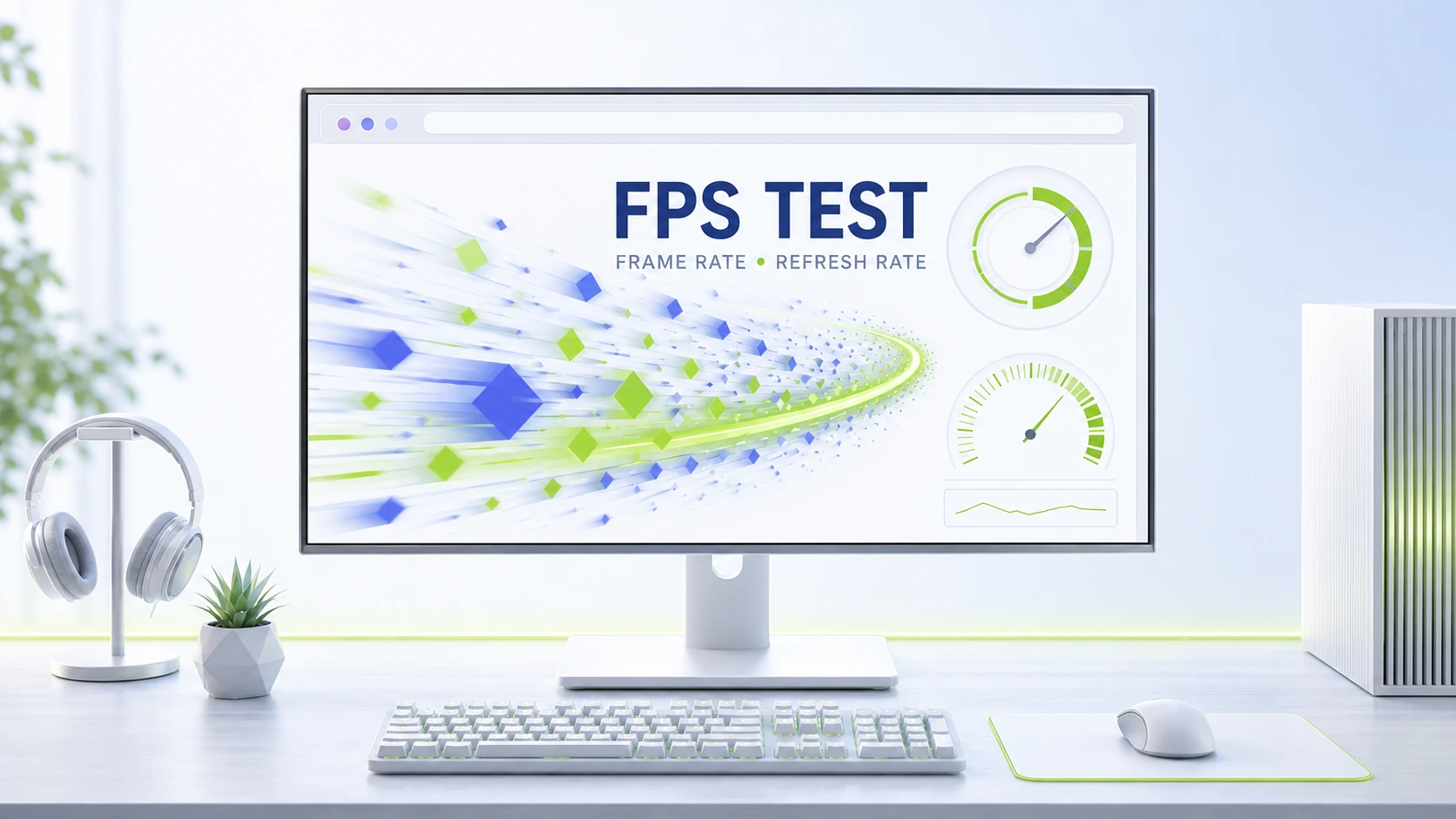 Light-theme FPS Test frame rate and refresh rate illustration Light-theme gaming monitor illustration labeled FPS Test with a smooth frame-rate animation and refresh-rate gauges