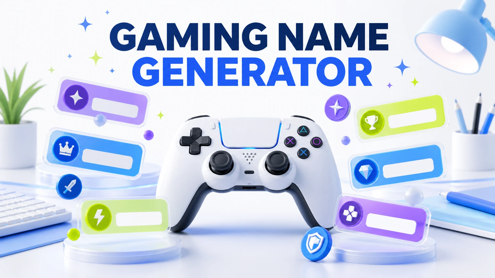 Gaming Name Generator article illustration Light-theme Gaming Name Generator illustration with a game controller and colorful username cards