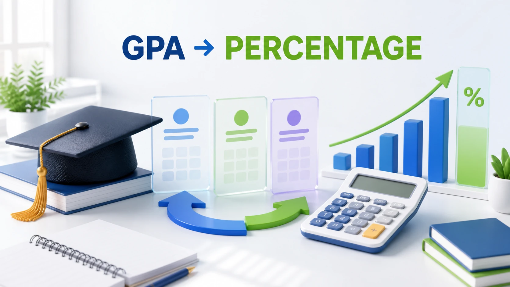 Light-theme GPA to Percentage illustration with a graduation cap, score cards, and conversion graph