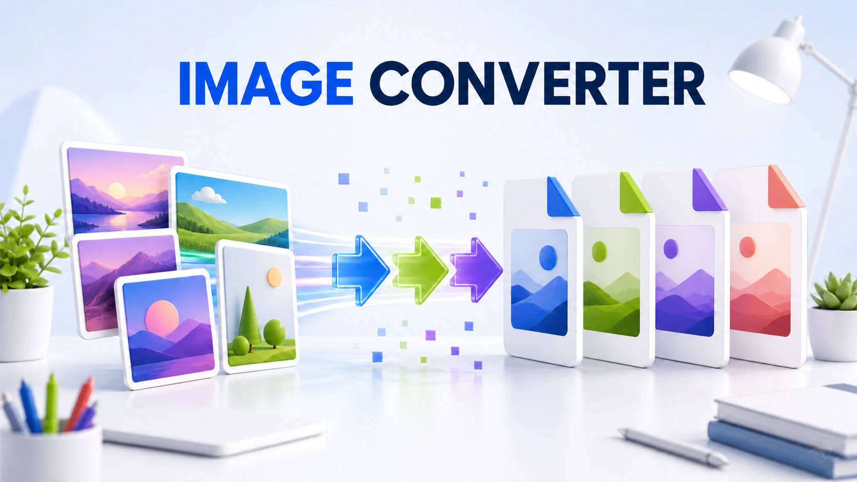 Image Converter article illustration Light-theme Image Converter illustration with image cards moving through conversion arrows