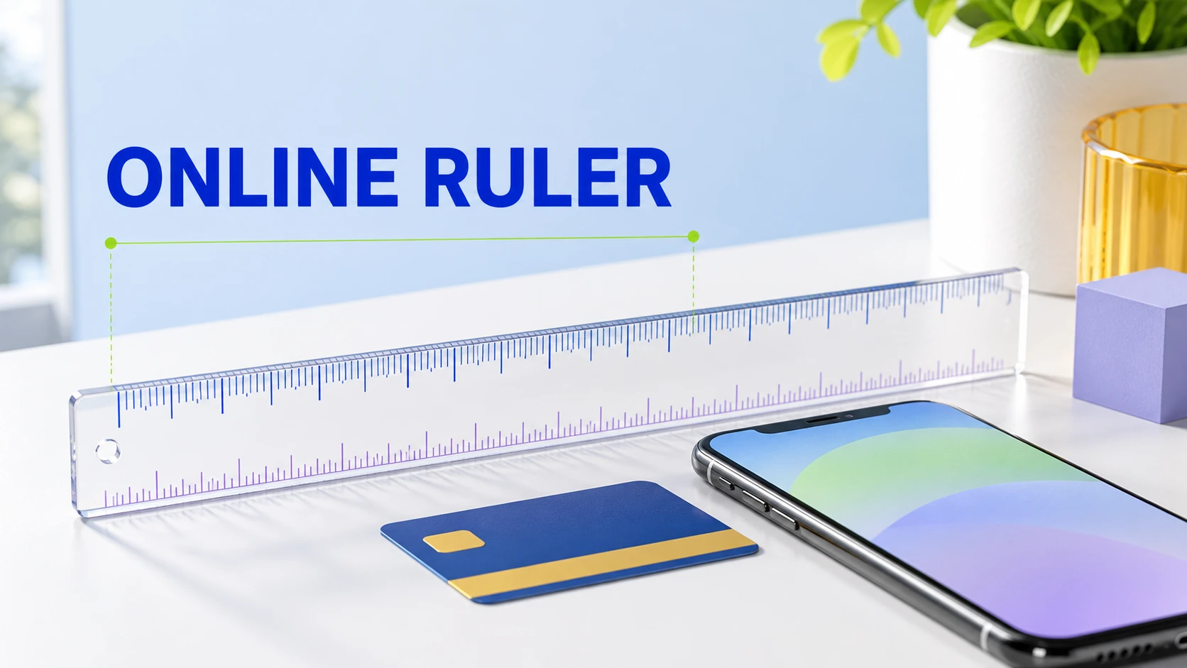 Light-theme Online Ruler illustration with a transparent ruler, phone, and calibration card