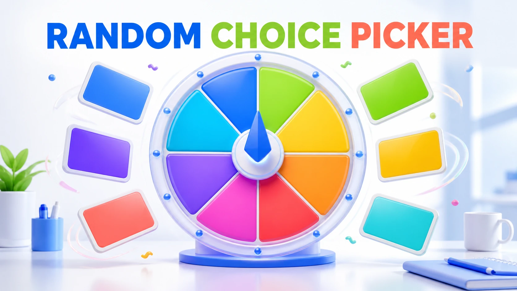 Light-theme Random Choice Picker illustration with a colorful selection wheel and choice cards