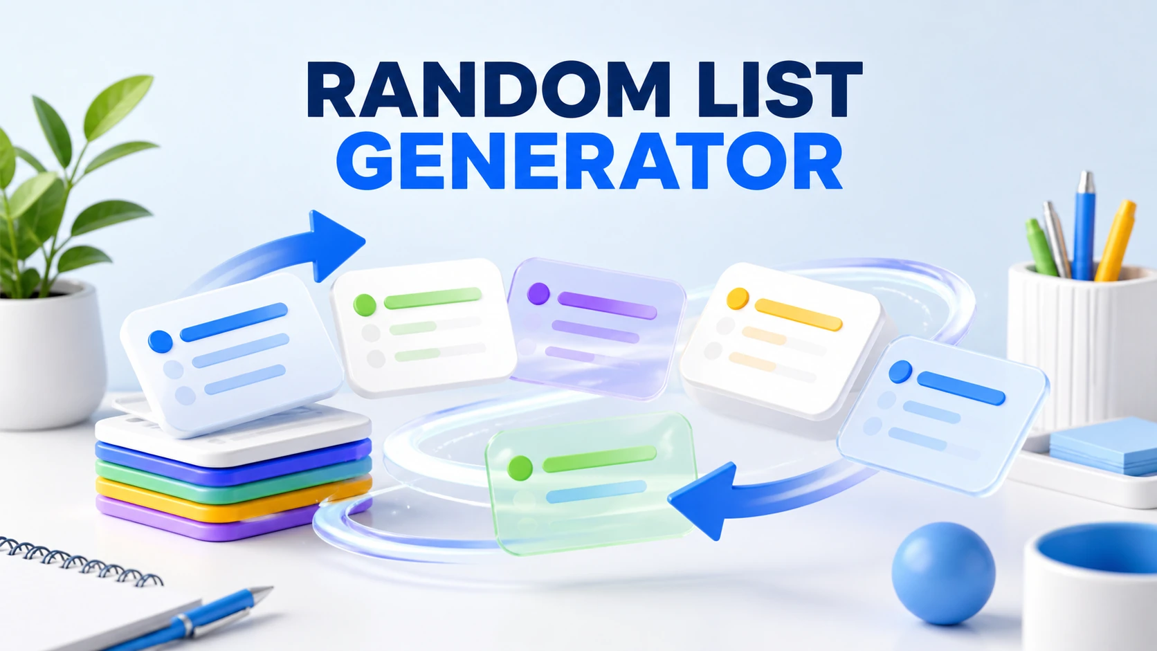 Random List Generator article illustration Light-theme Random List Generator illustration with shuffled list cards and arrows