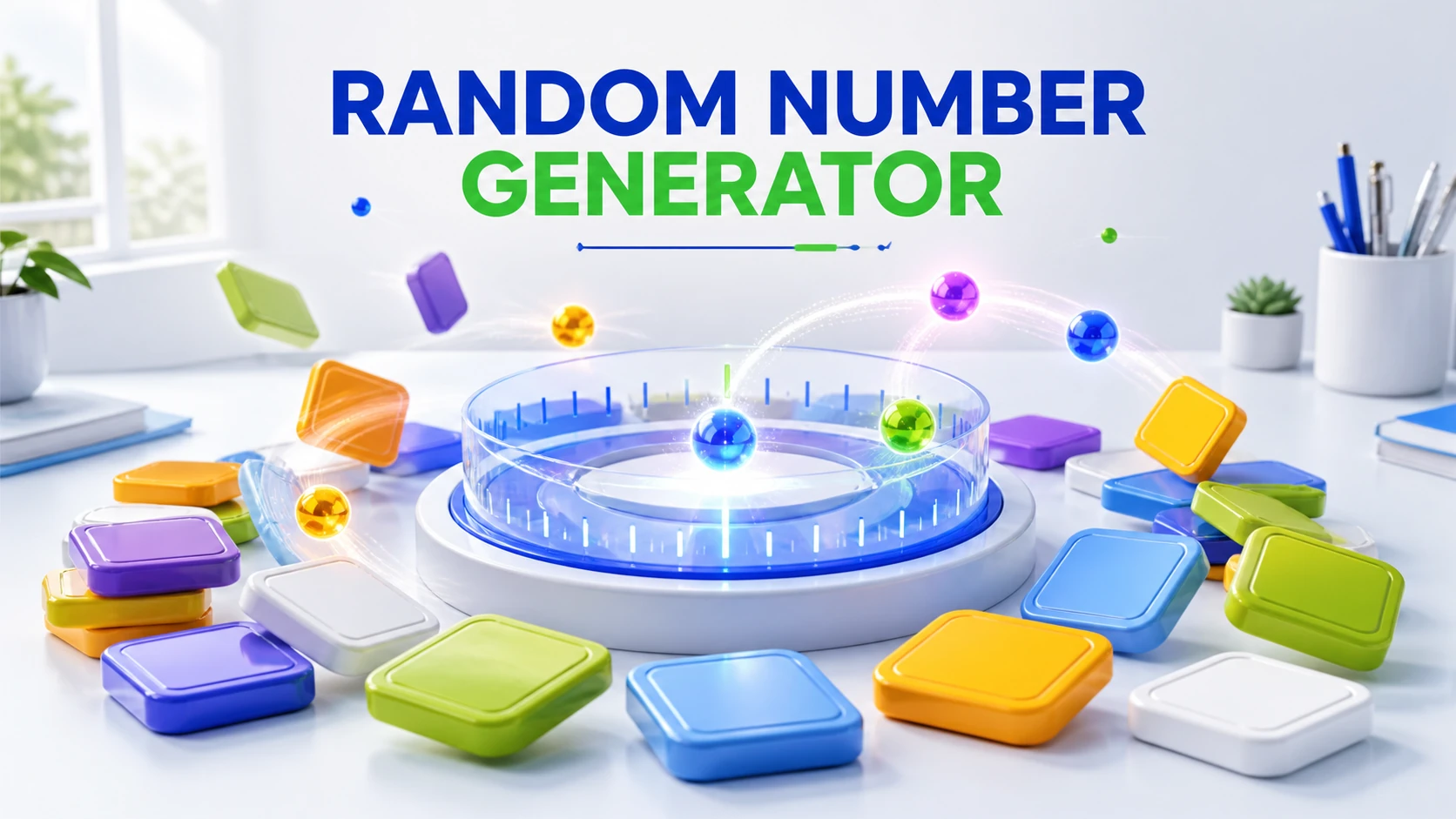 Light-theme Random Number Generator illustration with colored number tiles and a selection dial