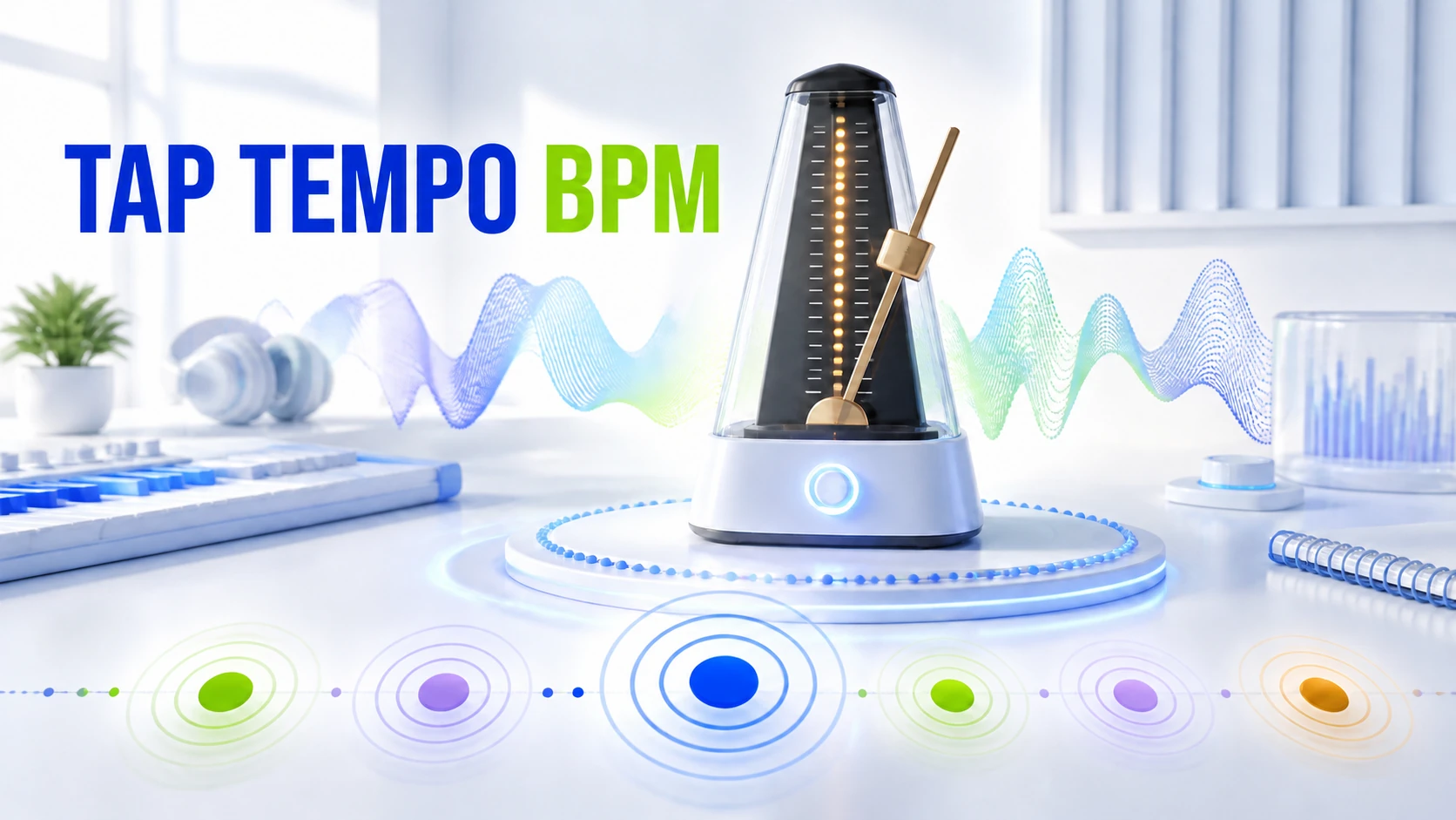 Light-theme Tap Tempo BPM illustration with a metronome, waveform, and beat pulses