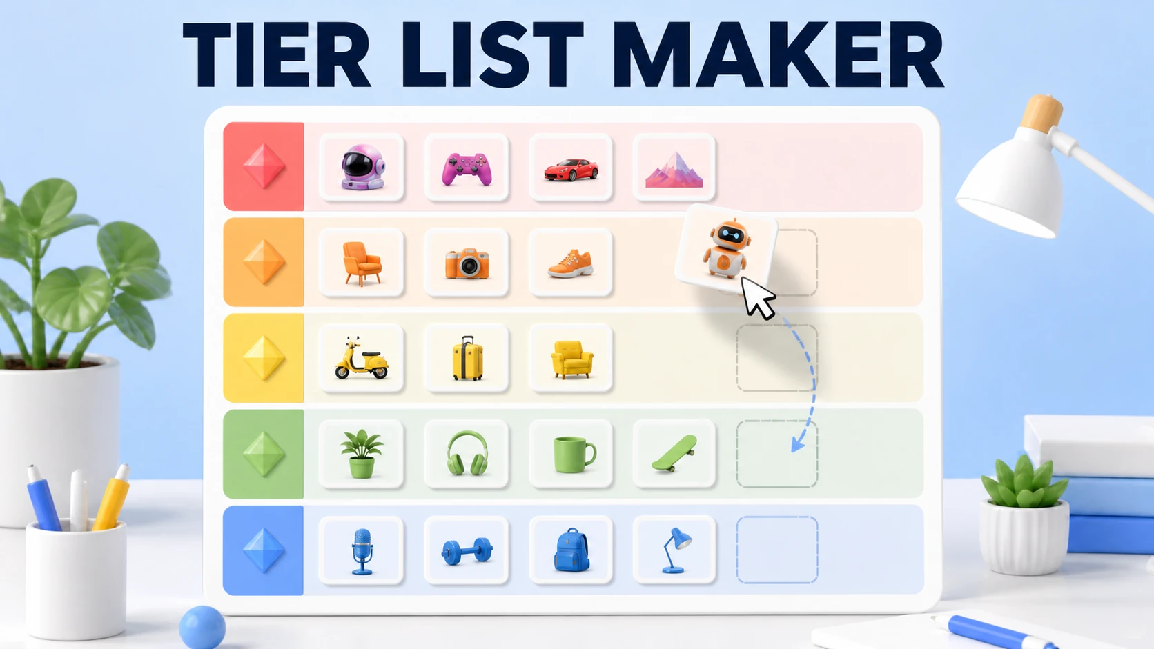 Light-theme Tier List Maker illustration with colorful ranking rows and draggable item cards